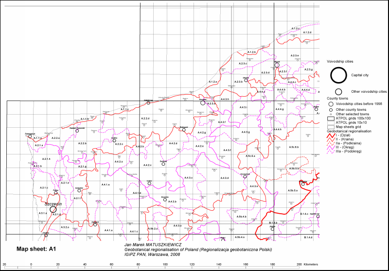 Przykładowy arkusz mapy regionów geobotanicznych Polski