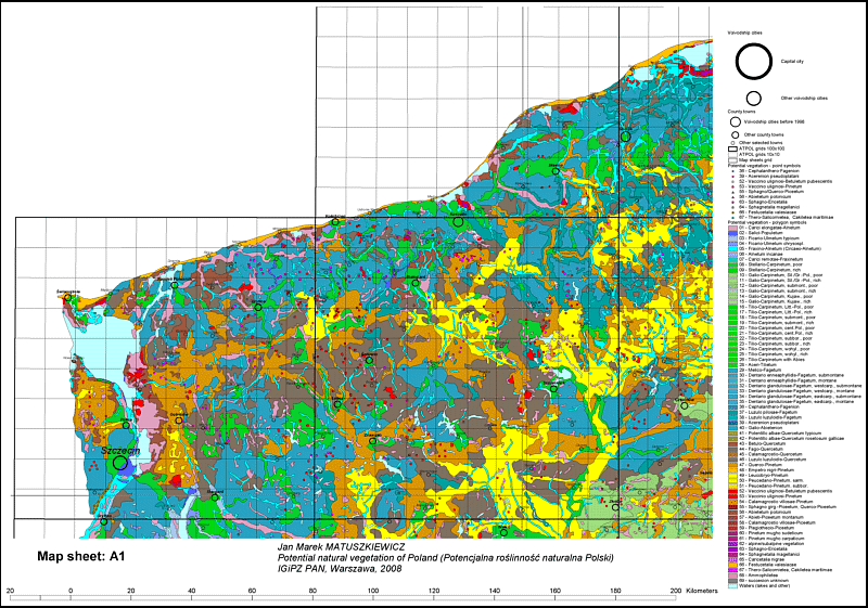 Przykładowy arkusz mapy potencjalnej roślinności naturalnej Polski